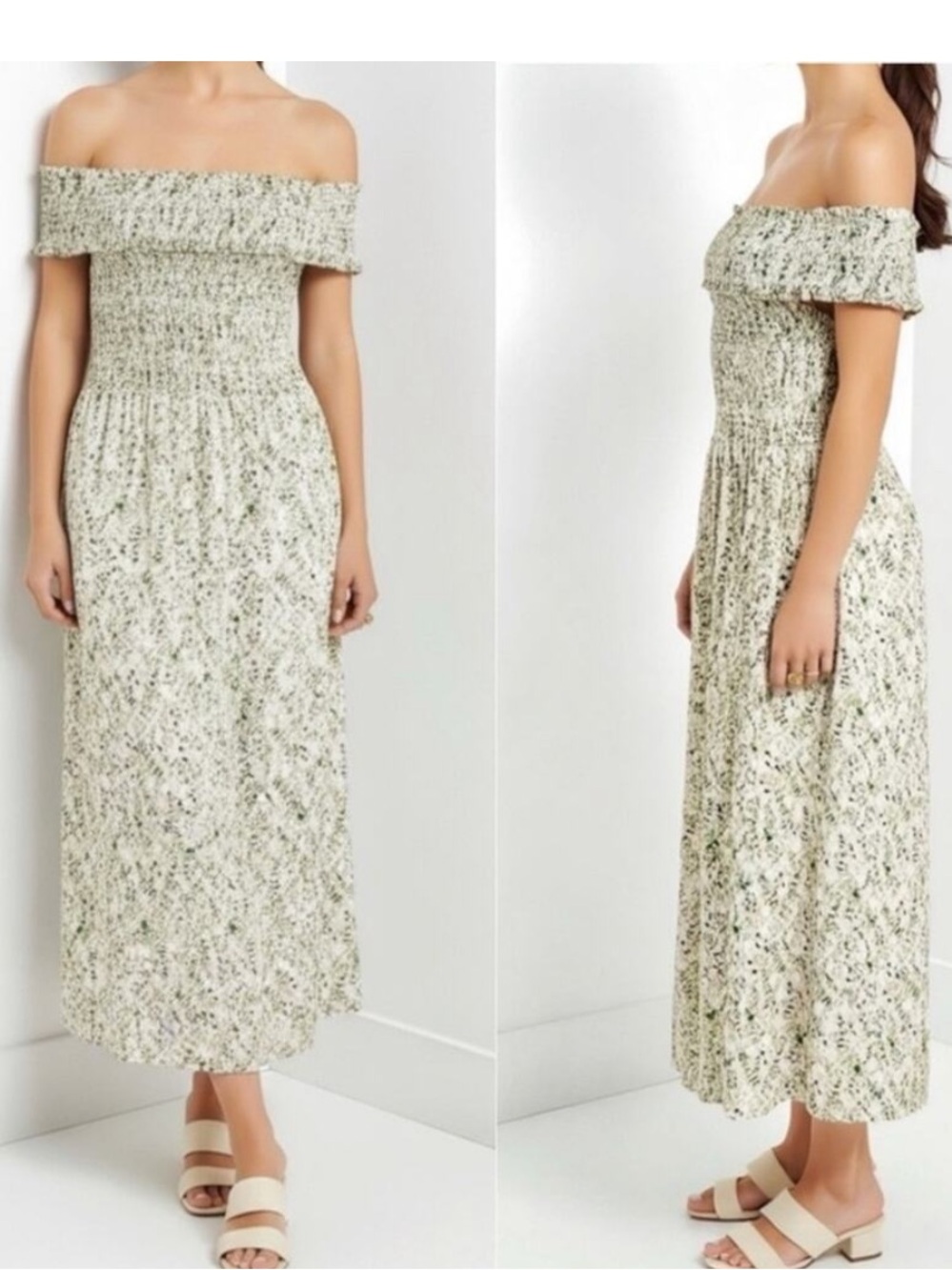 Hill House Off-Shoulder Maxi Dress in Light Green Floral